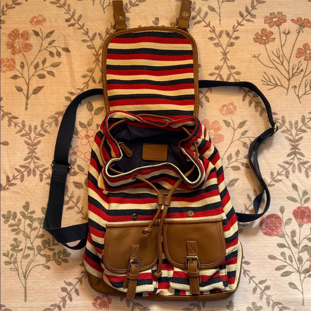 Charming Charlie Cream, Red &Blue Striped Canvas & Brown Faux Leather Backpack - Picture 2 of 8